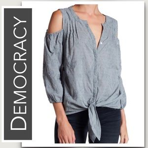Democracy Cold Shoulder Top in  “Stormy Sea” Sage 3/4 Sleeves NWT